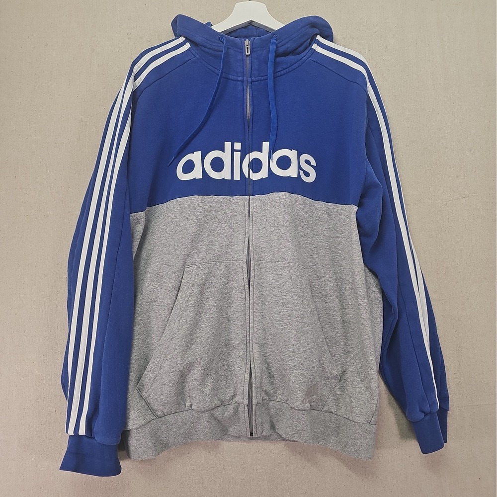 Adidas Essentials Men's XL Blue Gray Colorblock Full Zip Hooded Track Jacket
